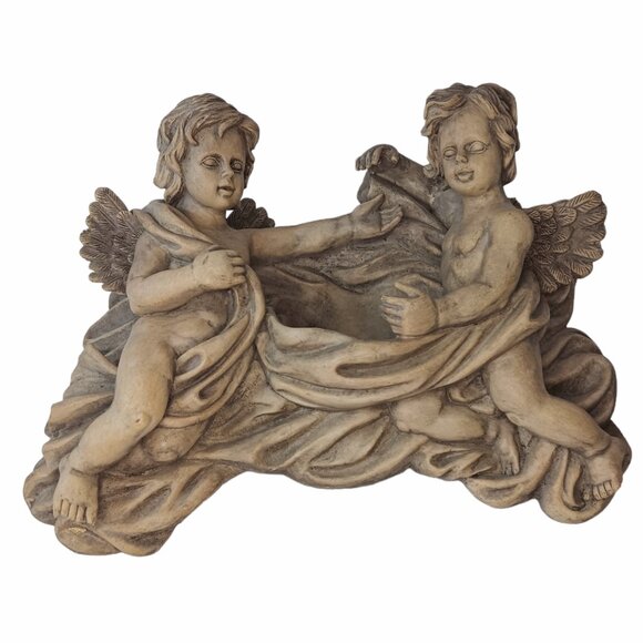 Victorian Winged Cherubs Wall Pocket Resin Garden Art Ornament Faux Concrete - Picture 1 of 10